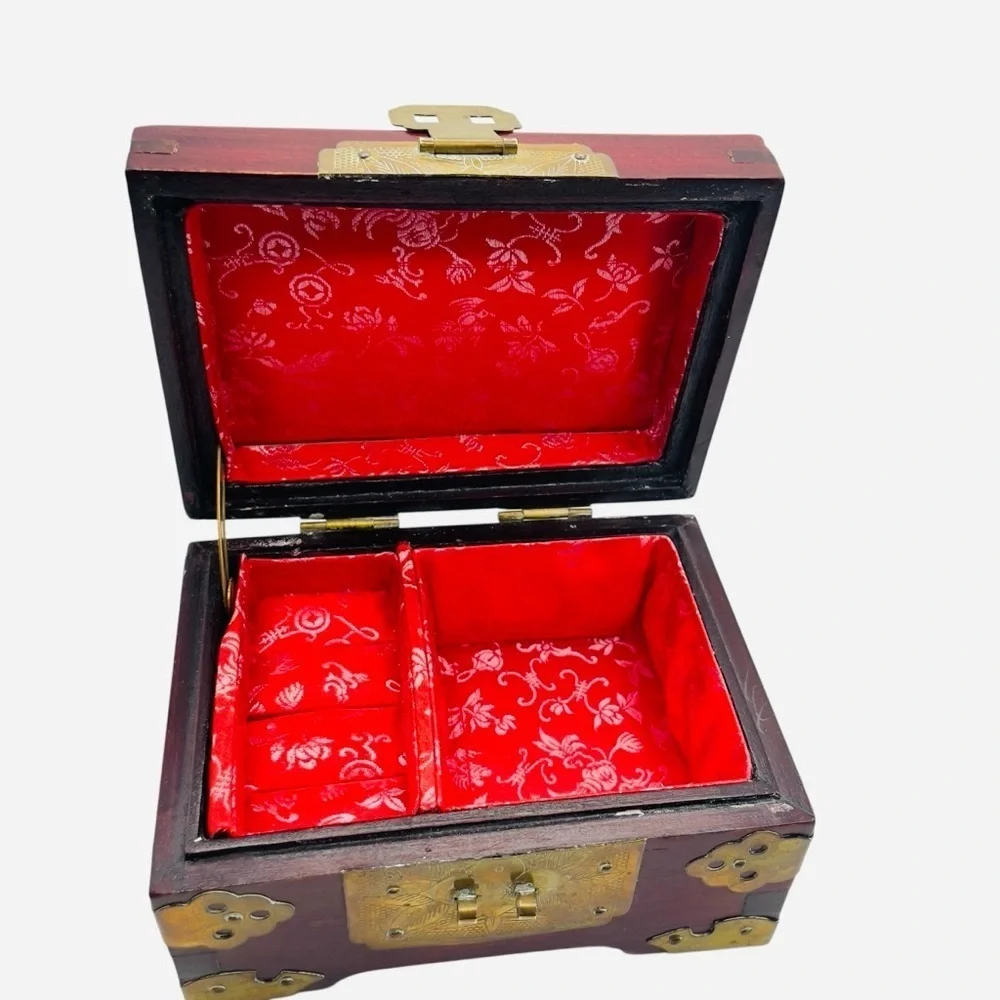 Vintage Wood & Brass Shanghai Chinese Jade Inlay Jewelry Box 5.25